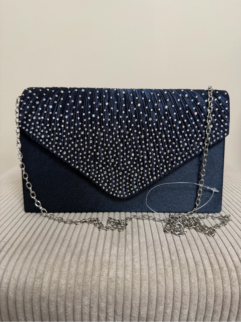 NWOT Navy Crystal-Studded Envelope Clutch with Silver Chain
